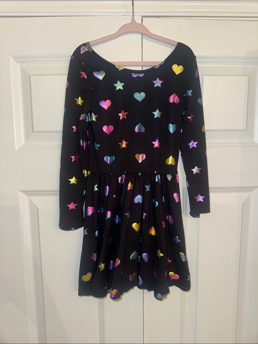Pixielane Girls' Black Long Sleeve Dress with Rainbow Hearts & Stars
